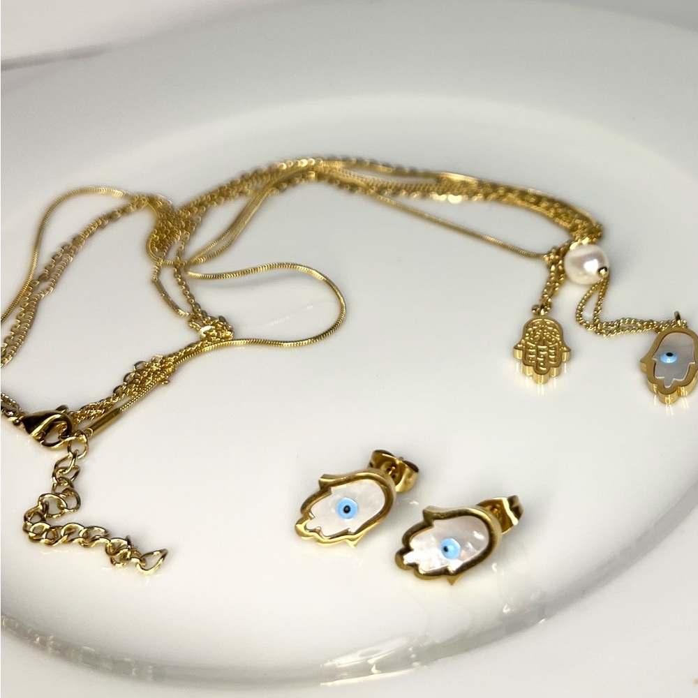 18k over stainless steel dainty evil eye hand layer necklace set - Picture 5 of 6